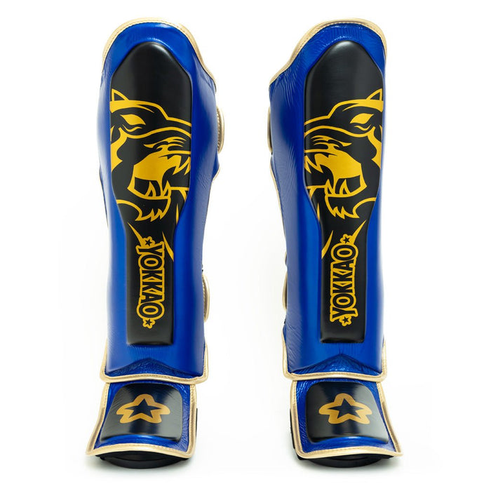 Blue Tartan And Black Yellow Print Pattern Muay Thai Shin Guards